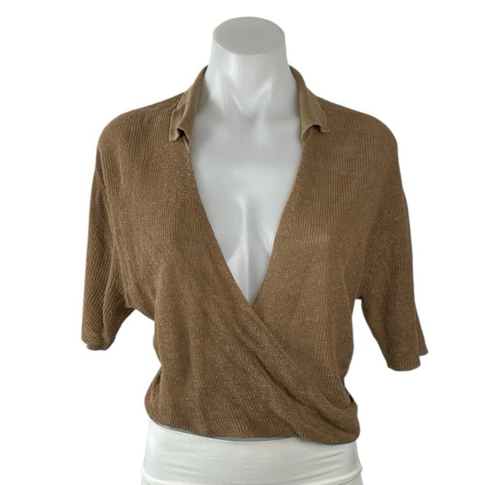 Rowie Women's Brown Tan Short Sleeve Faux Wrap V Neck Knit Blouse Top Size XS